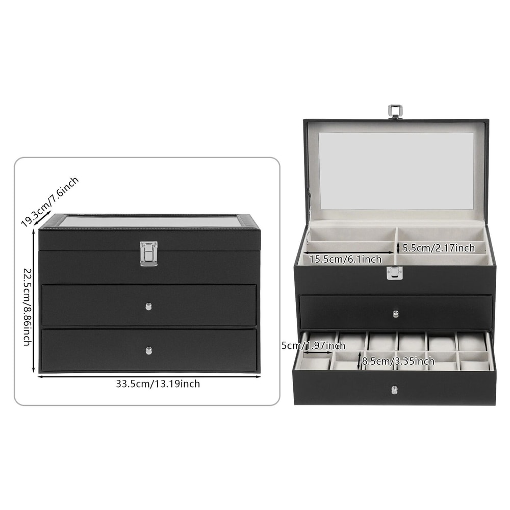 Slot Watch And Glasses Display Box With Glass Lid Tier Organizer 19