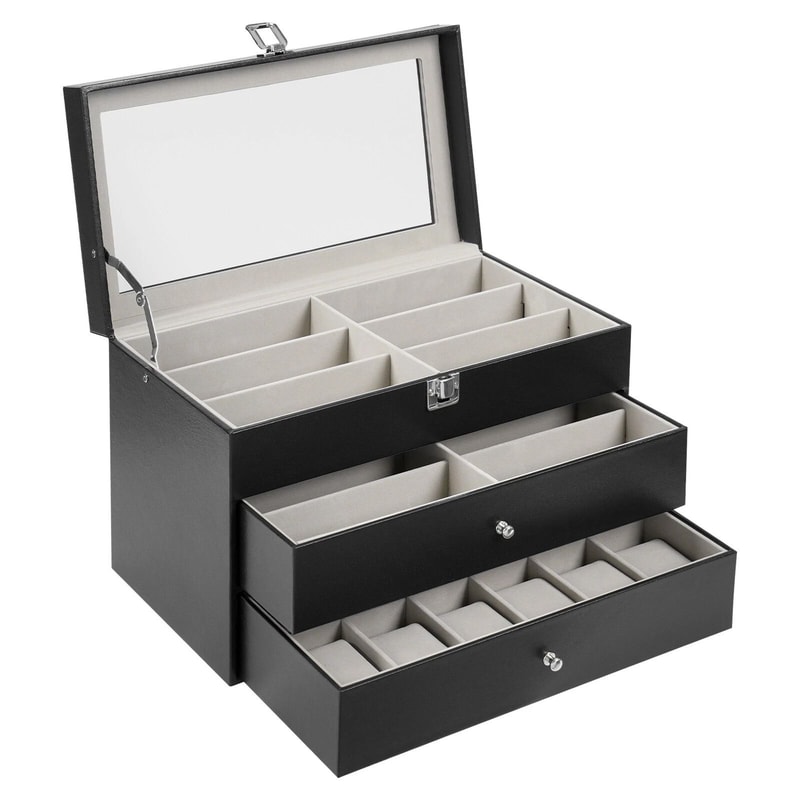 Slot Watch And Glasses Display Box With Glass Lid Tier Organizer 4