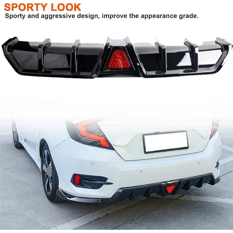 Honda Civic Rear Bumper Diffuser Lip With LED Accent Glossy Black Upgrade 10