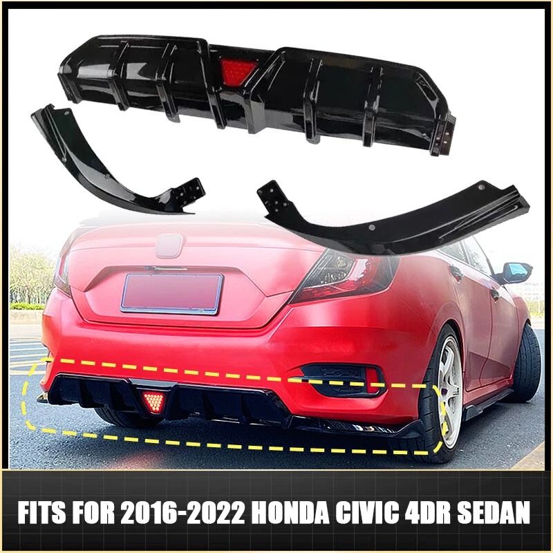 Honda Civic Rear Bumper Diffuser Lip With LED Accent Glossy Black Upgrade 4
