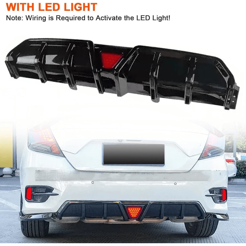 Honda Civic Rear Bumper Diffuser Lip With LED Accent Glossy Black Upgrade 8