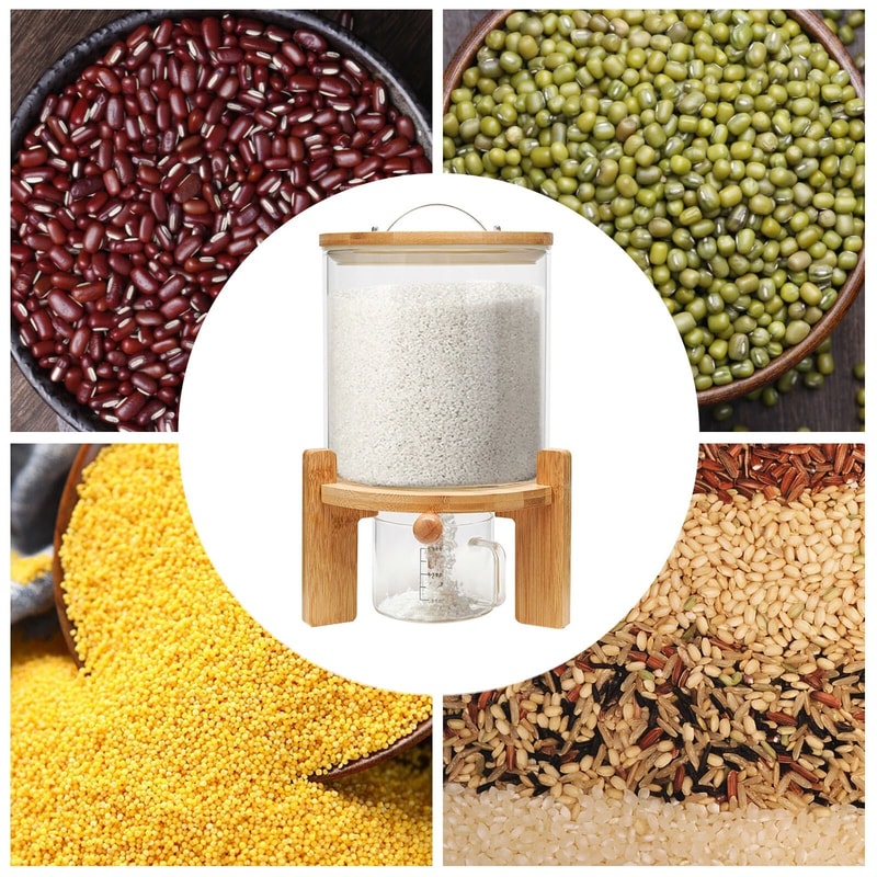 Glass Rice Dispenser And Grain Container With Wood Stand Countertop Dry Food Cereal Organizer 5