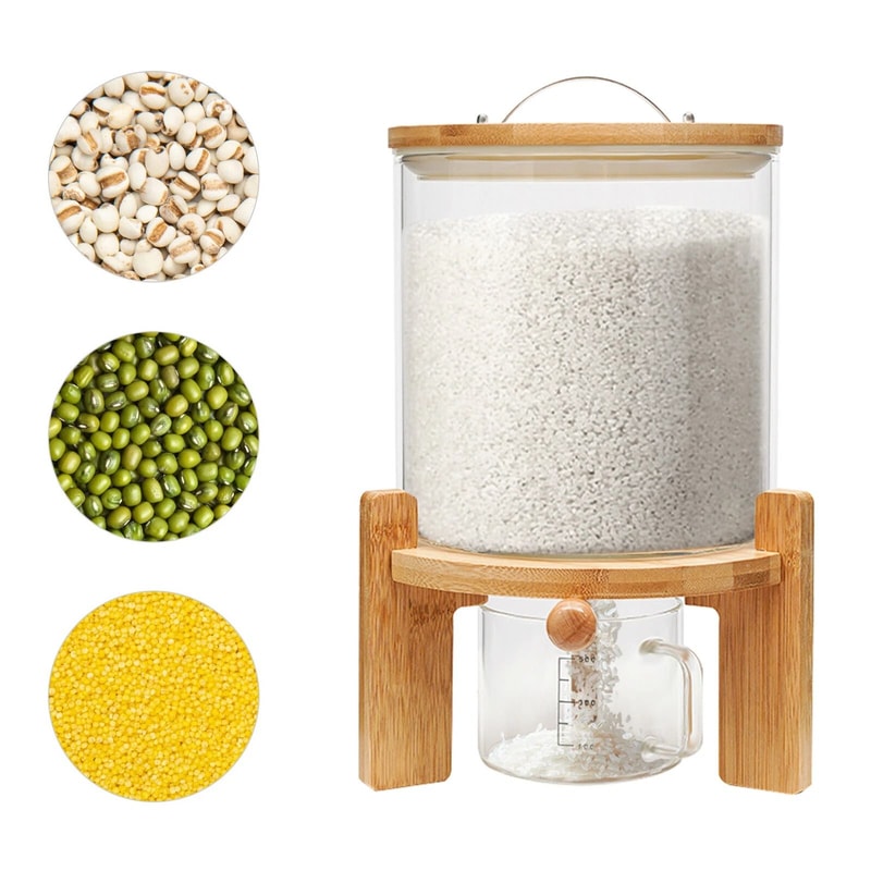 Glass Rice Dispenser And Grain Container With Wood Stand Countertop Dry Food Cereal Organizer 8