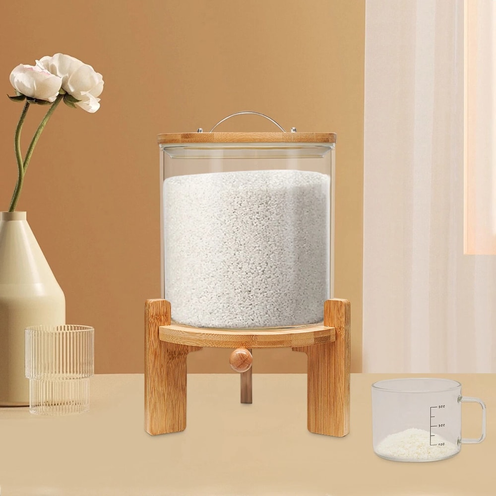 Glass Rice Dispenser And Grain Container With Wood Stand Countertop Dry Food Cereal Organizer 0