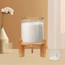 glass rice dispenser and grain container with wood stand countertop dry food & cereal organizer