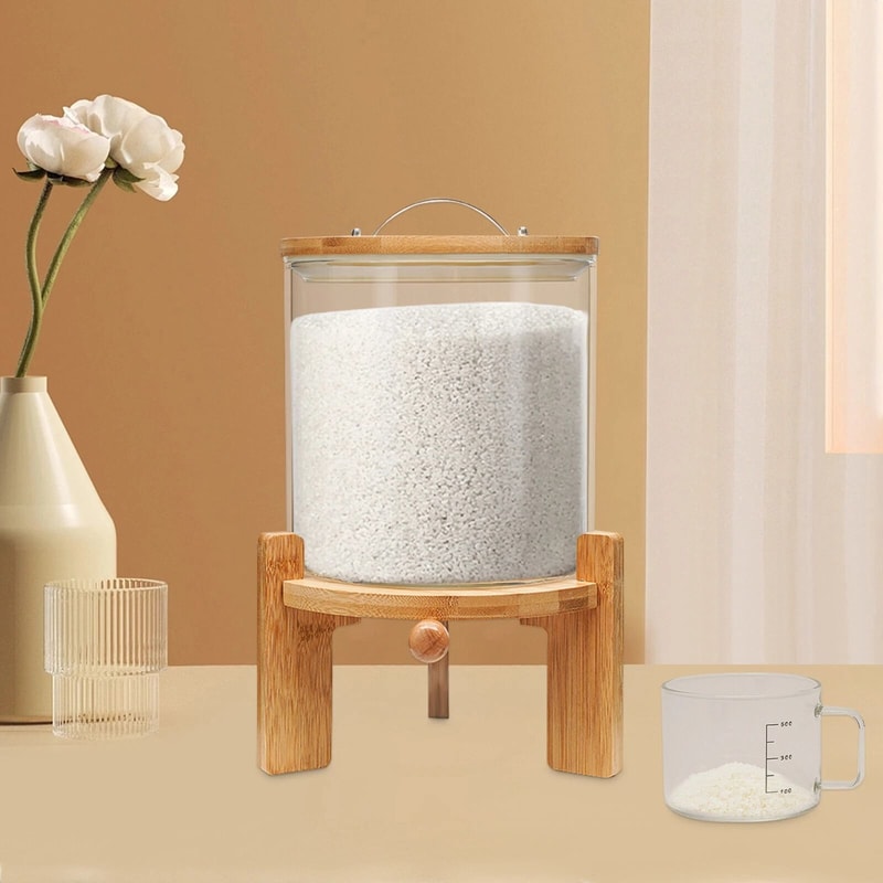 Glass Rice Dispenser And Grain Container With Wood Stand Countertop Dry Food Cereal Organizer 0
