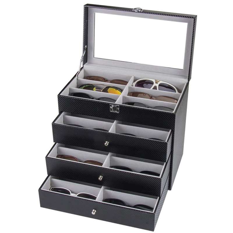 Premium Slot PU Leather Sunglasses Display Case With Lockable Eyewear Organizer 3