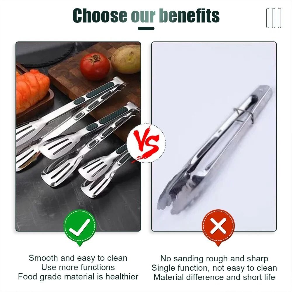 Premium Stainless Steel BBQ Kitchen Steak Clamp Tongs Heavy Duty Meat Bread Food Grip 4