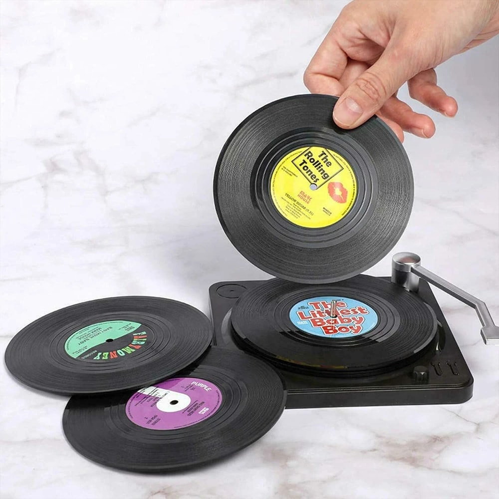 Premium Vinyl Record Coasters Set With Holder Retro Drink Coasters For Table Decor 1