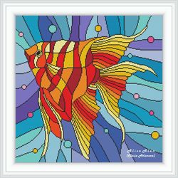 Cross stitch pattern gold Fish stained glass silhouette abstract marine sea colorful aquarium counted crossstitch PDF