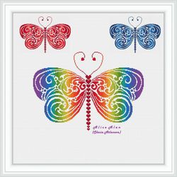 Cross stitch pattern Insect Butterfly silhouette floral ornament rainbow monochrome abstract wings counted crossstitch