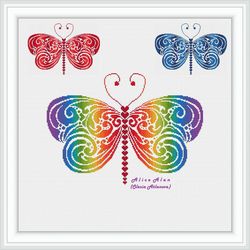 cross stitch pattern insect butterfly silhouette floral ornament rainbow monochrome abstract wings counted crossstitch
