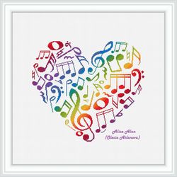 Cross stitch pattern Music Heart Notes Treble clef Rainbow bass clef love counted crossstitch patterns Download PDF