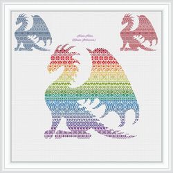 Cross stitch pattern Dragon silhouette ornament rainbow monochrome fantasy counted crossstitch patterns PDF