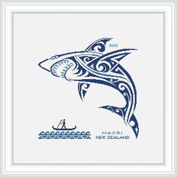 Cross stitch pattern Shark Fish silhouette maori ornament sea marine abstract monochrome Polynesia PDF
