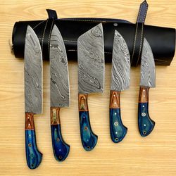 deluxe damascus steel chef knife set - 5 professional knives
