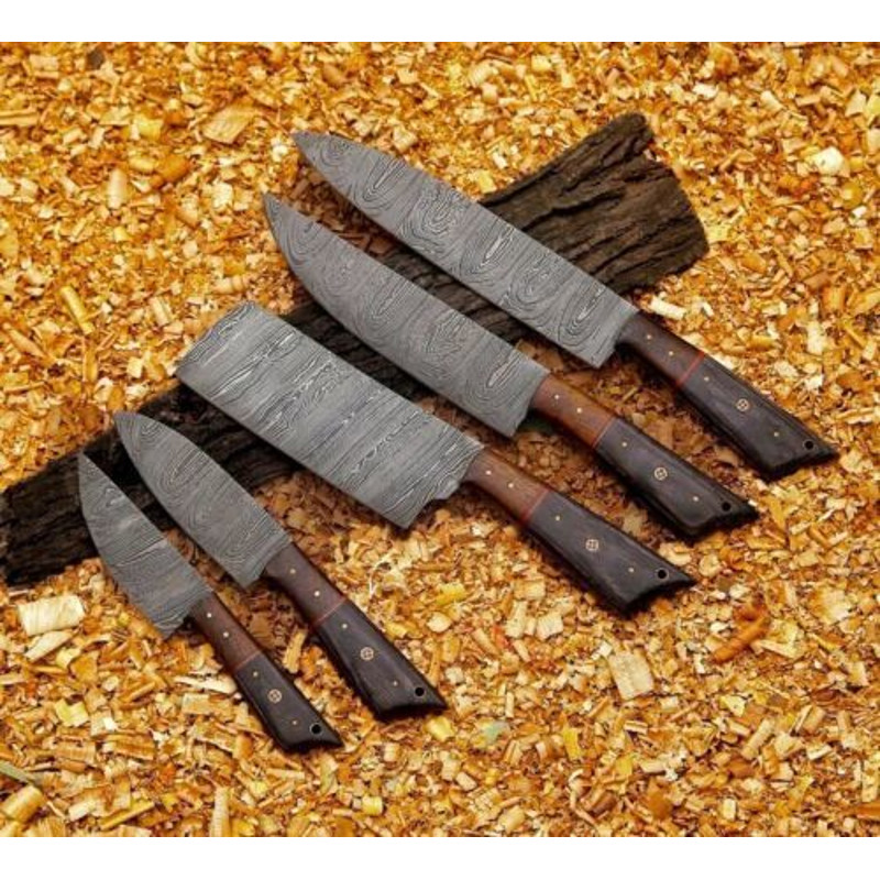 Custom Handmade Damascus Steel 5Piece Chef Knife Set With Leather Sheath Wood Handles 2