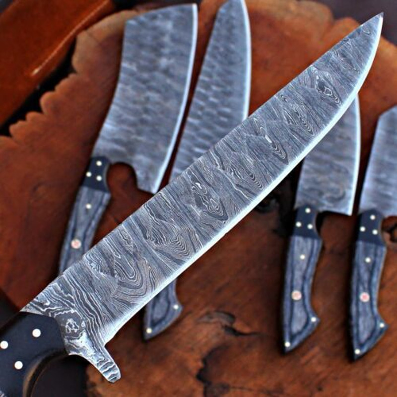 Handmade Damascus Steel Chef Knives Kitchen Set With Leather Bag Wooden Handles 2