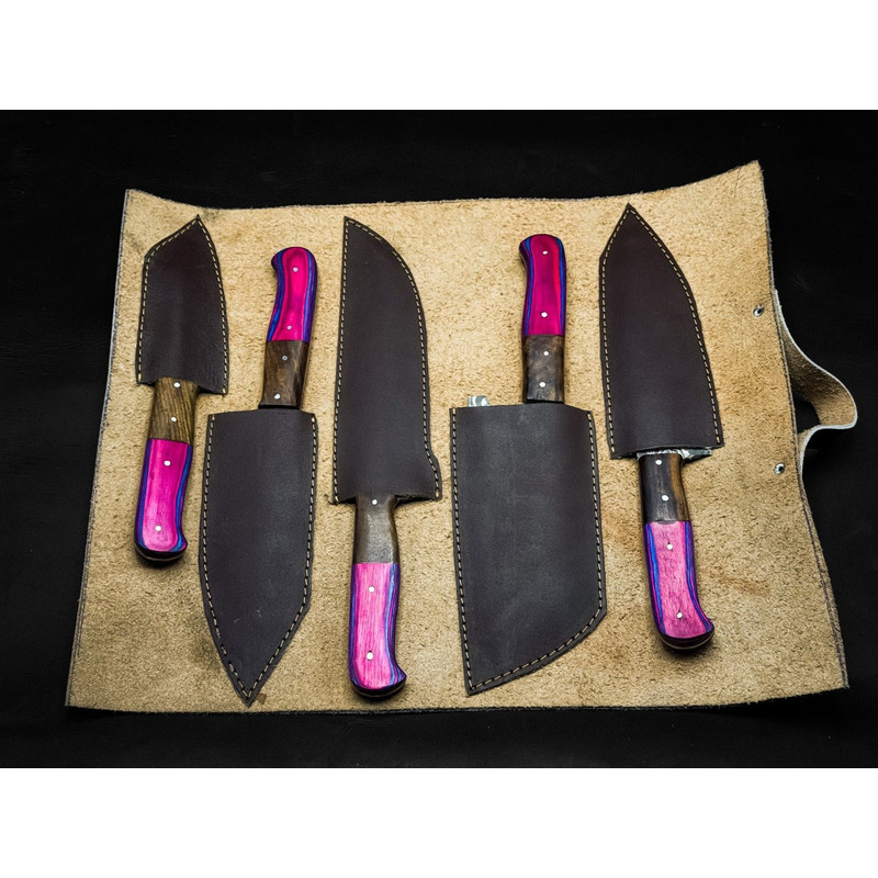 Handmade Twist Damascus Chef Knife Set Of 5 With Hardwood Handles Wooden Bolsters 2