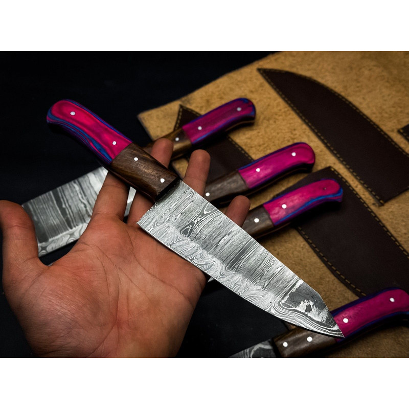 Handmade Twist Damascus Chef Knife Set Of 5 With Hardwood Handles Wooden Bolsters 1