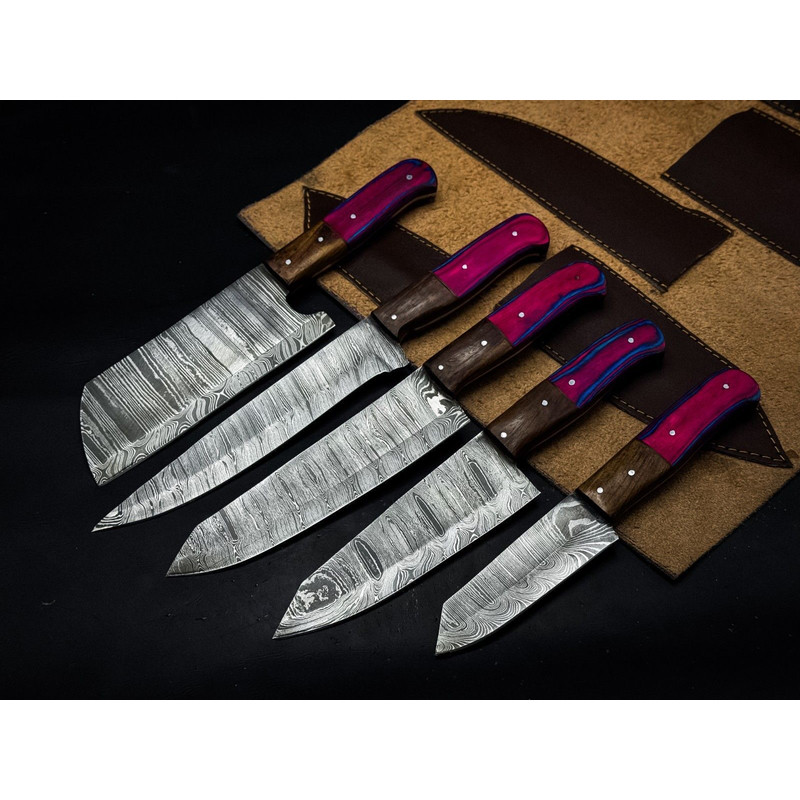 Handmade Twist Damascus Chef Knife Set Of 5 With Hardwood Handles Wooden Bolsters 0