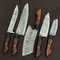 5PCS Custom Handmade Damascus Steel Kitchen Knife Set With Leather Bag 1