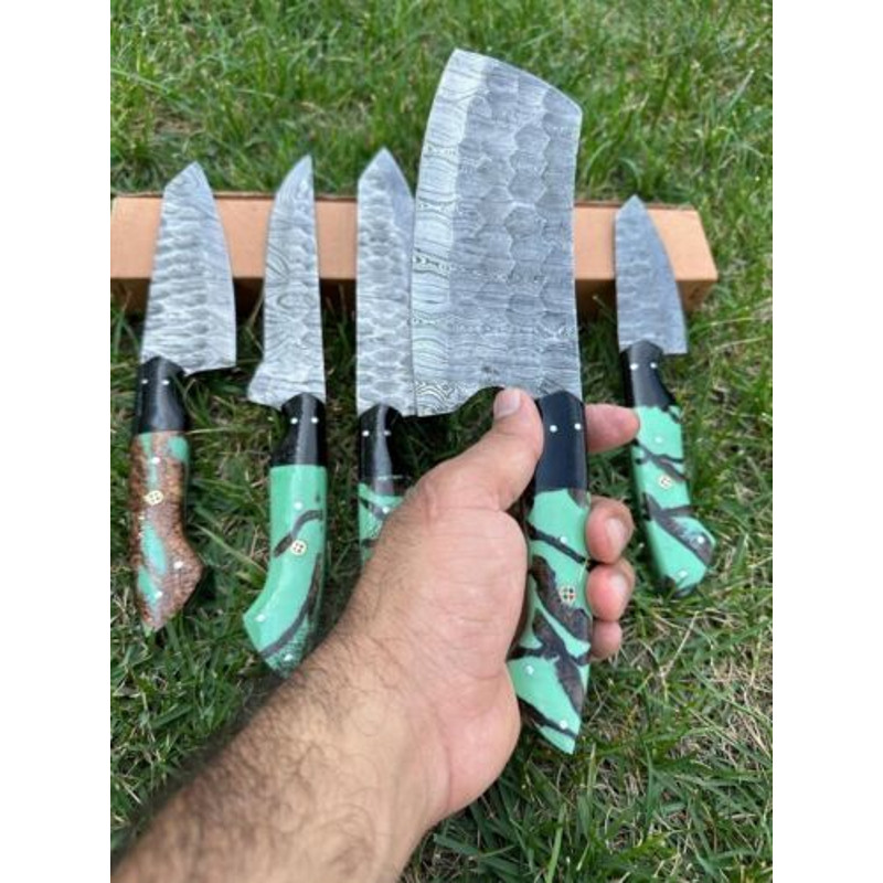 Custom Handmade Damascus Steel 5Piece Chef Knife Set Kitchen Cutlery With Wooden Handles 2