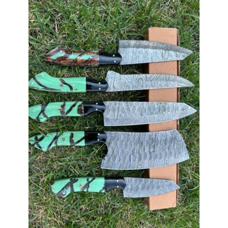 Custom Handmade Damascus Steel 5Piece Chef Knife Set Kitchen Cutlery With Wooden Handles 0