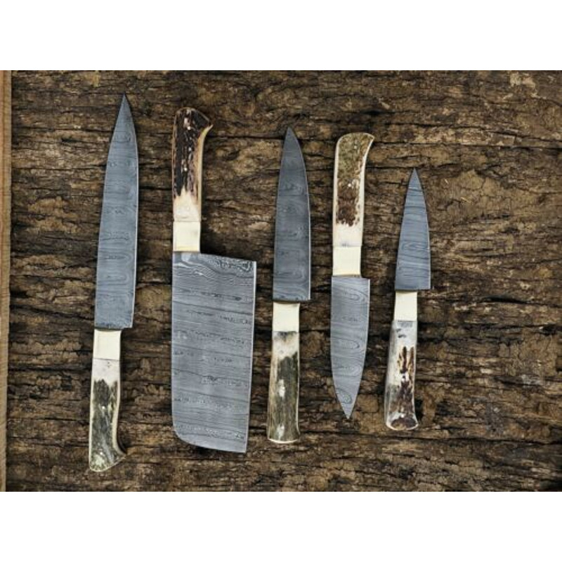 Custom Handmade Damascus Steel Chef Knife Set Stag Handle Premium Quality 0