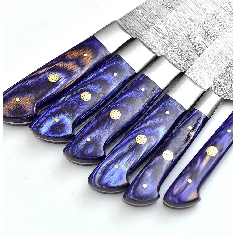 Custom Handmade Damascus Steel Kitchen Chef Knife Set 6Piece With Leather Roll Purple Wood Handle 2