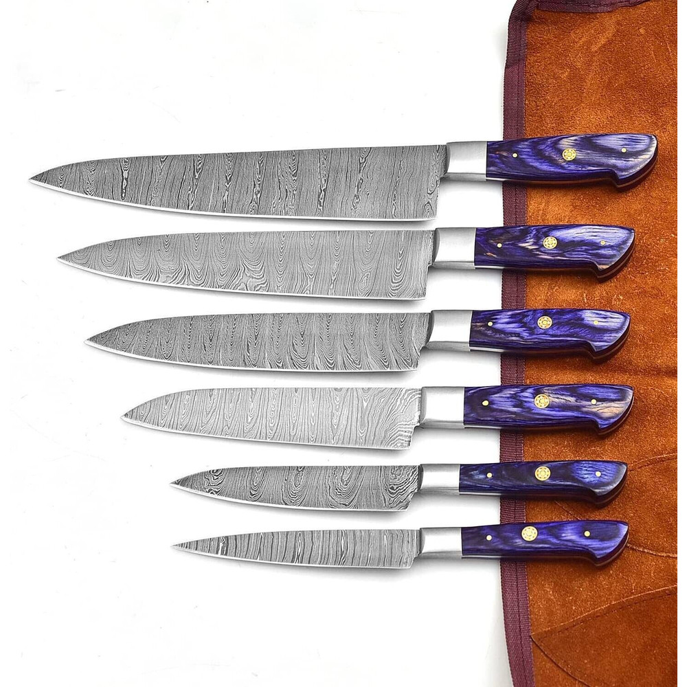 Custom Handmade Damascus Steel Kitchen Chef Knife Set 6Piece With Leather Roll Purple Wood Handle 0