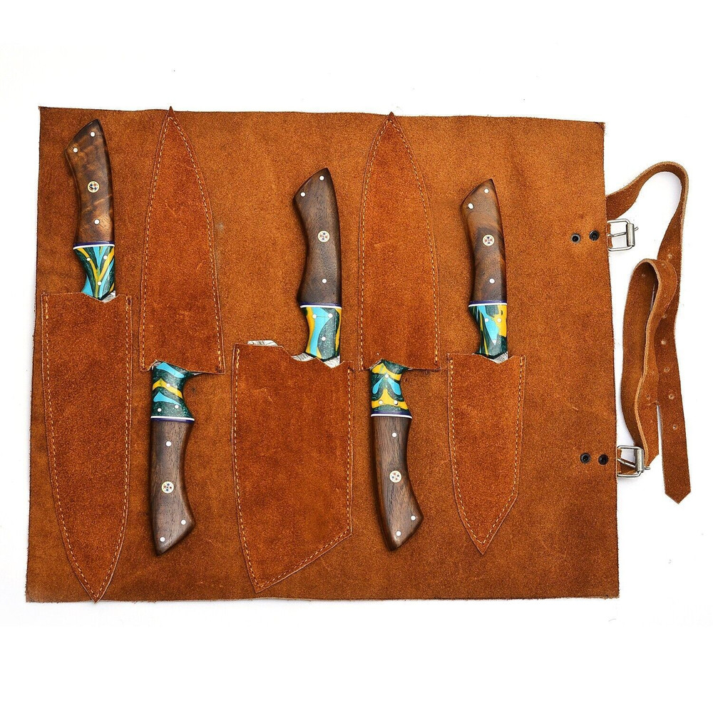 Handmade Damascus Steel 5Piece Chef Knife Set Outdoor Kitchen Knives With Rosewood Resin Bolsters 2