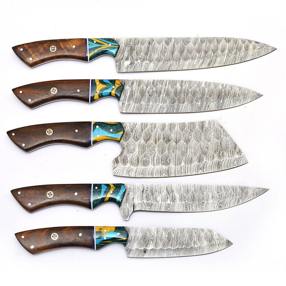 Handmade Damascus Steel 5Piece Chef Knife Set Outdoor Kitchen Knives With Rosewood Resin Bolsters 0
