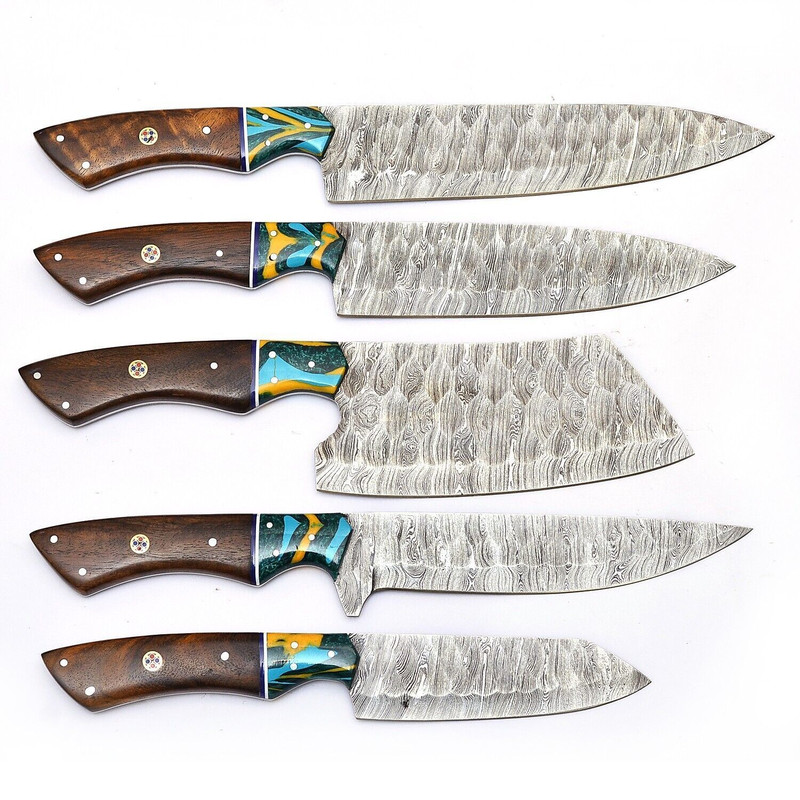 Handmade Damascus Steel 5Piece Chef Knife Set Outdoor Kitchen Knives With Rosewood Resin Bolsters 0