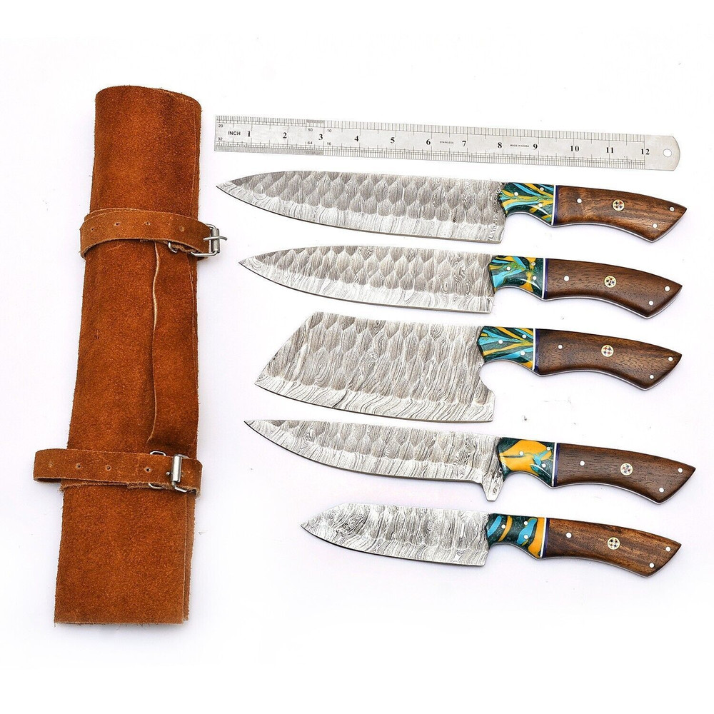 Handmade Damascus Steel 5Piece Chef Knife Set Outdoor Kitchen Knives With Rosewood Resin Bolsters 3