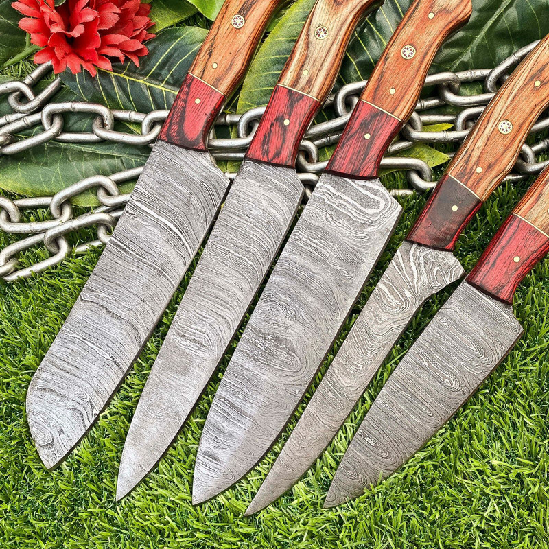 Lot Of 5 Custom Handmade Damascus Steel Chef Knife Set Full Tang Kitchen EDC Knives 1