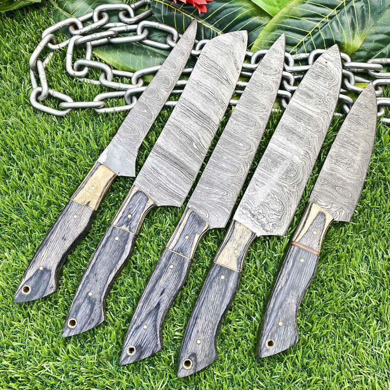 Lot Of 5 Custom Handmade Damascus Steel Chef Knife Set Full Tang 3