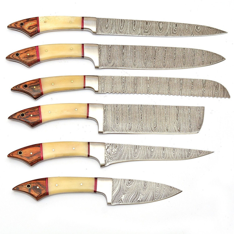 Handmade Damascus Steel Outdoor Kitchen 6 Chef Knives Set With Bone Wood Handle Leather Sheath 0