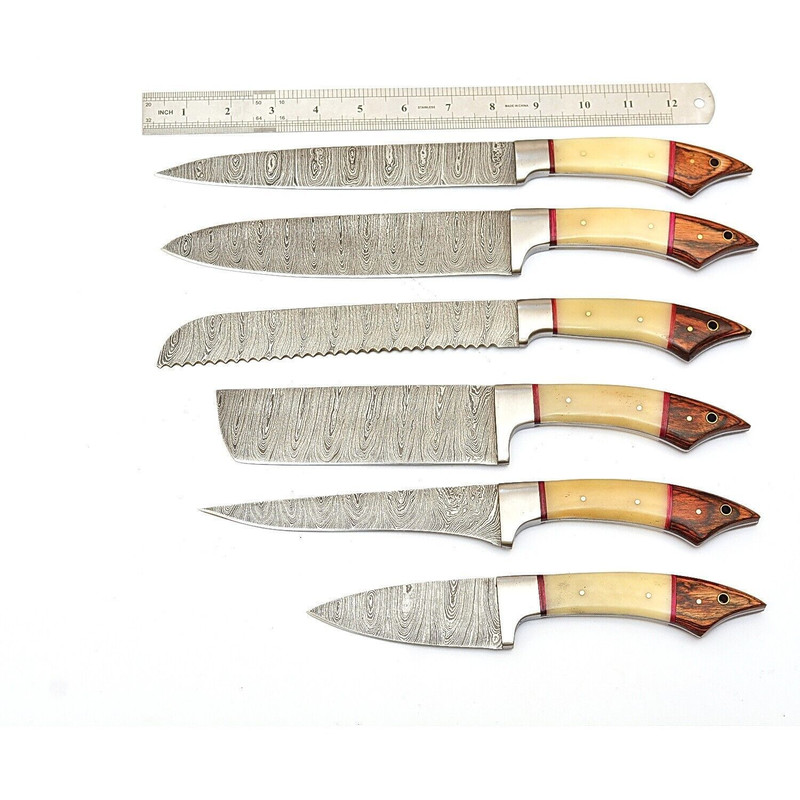Handmade Damascus Steel Outdoor Kitchen 6 Chef Knives Set With Bone Wood Handle Leather Sheath 3