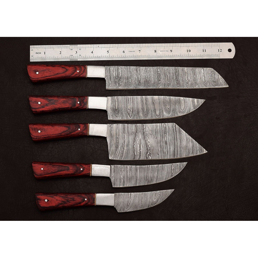 Handmade Damascus Steel Outdoor Kitchen 5 Chef Knives Set With Pakka Wood 0
