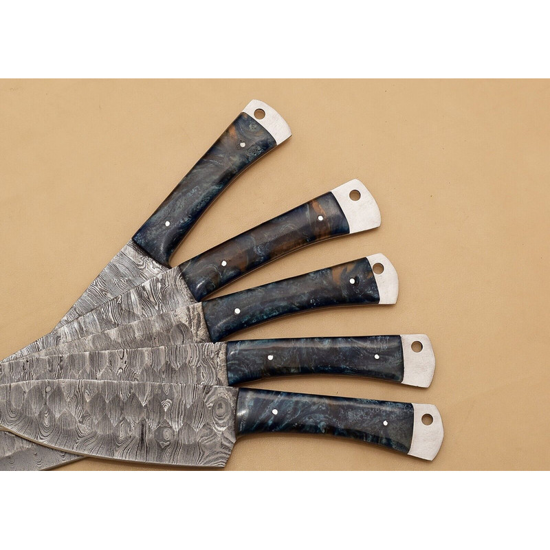 Handmade Twist Damascus Chef Knife Set Of 5 Hardwood Handle Steel Bolster Full Tang EDC Knives W 1