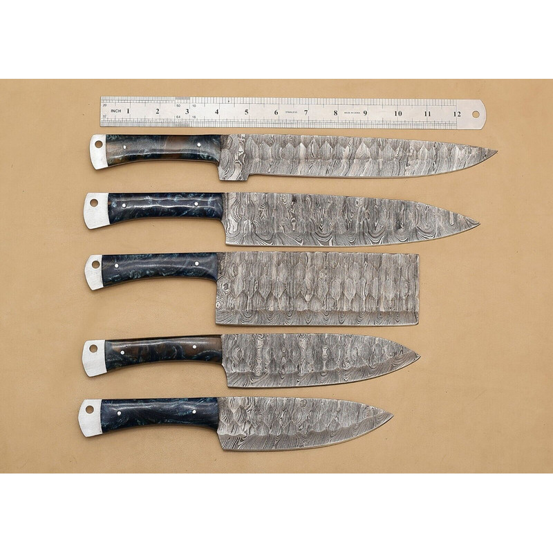 Handmade Twist Damascus Chef Knife Set Of 5 Hardwood Handle Steel Bolster Full Tang EDC Knives W 0