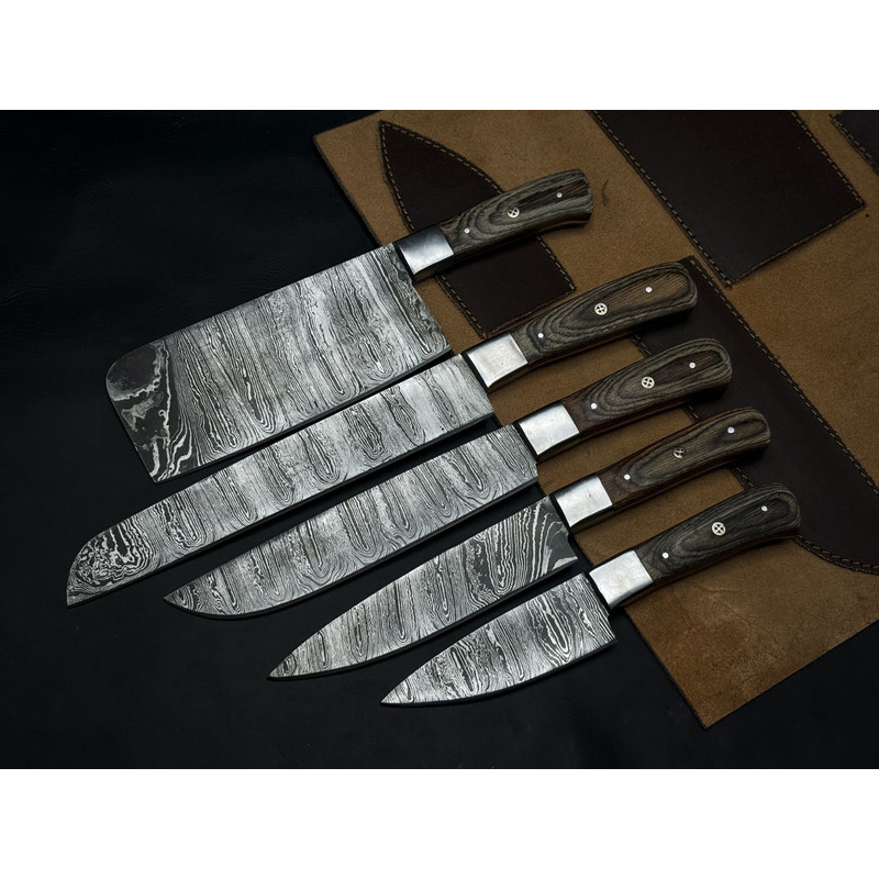 Handmade Chef Knife Set Of 5 Twist Damascus Steel Hardwood Handle Steel Bolster Full Tang EDC K 0