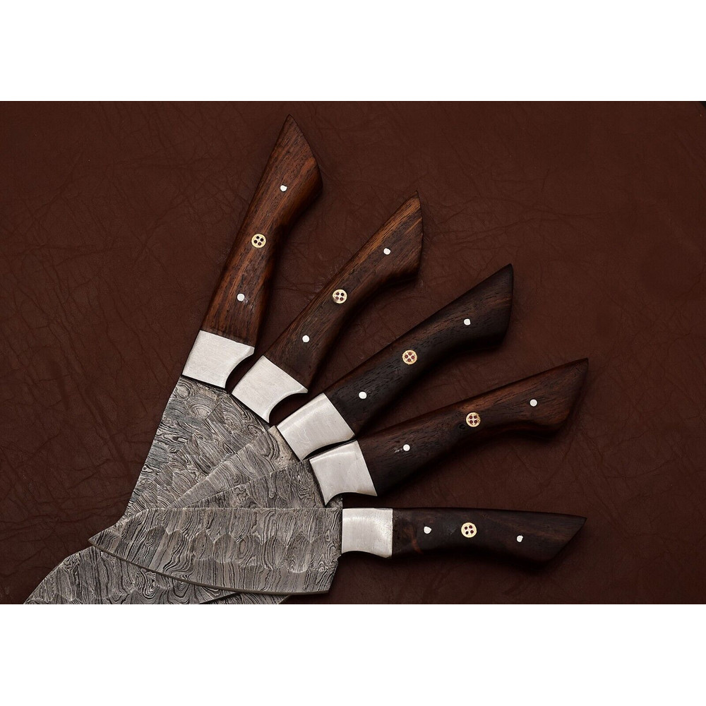Handmade Damascus Steel Outdoor Kitchen Chef Knife Set Of 5 Rose Wood Handle Full Tang With Leath 1