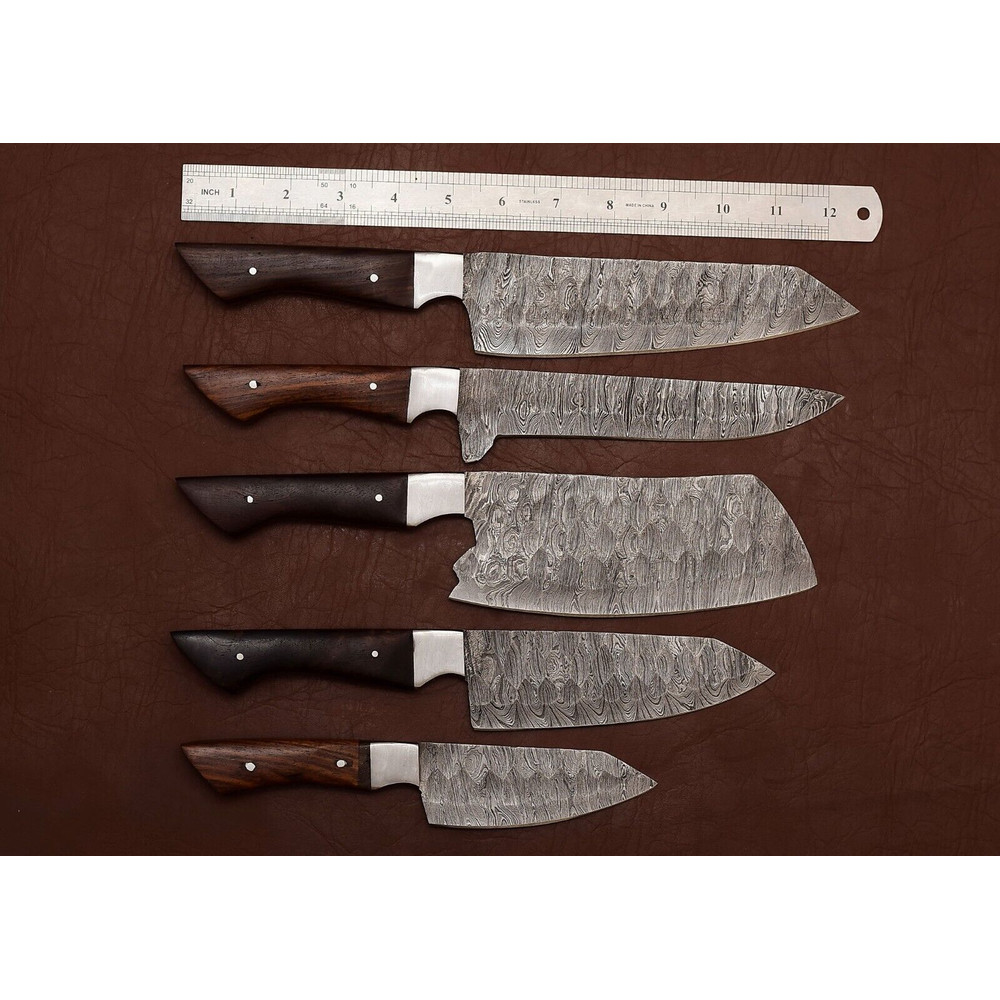 Handmade Damascus Steel Outdoor Kitchen Chef Knife Set Of 5 Rose Wood Handle Full Tang With Leath 0