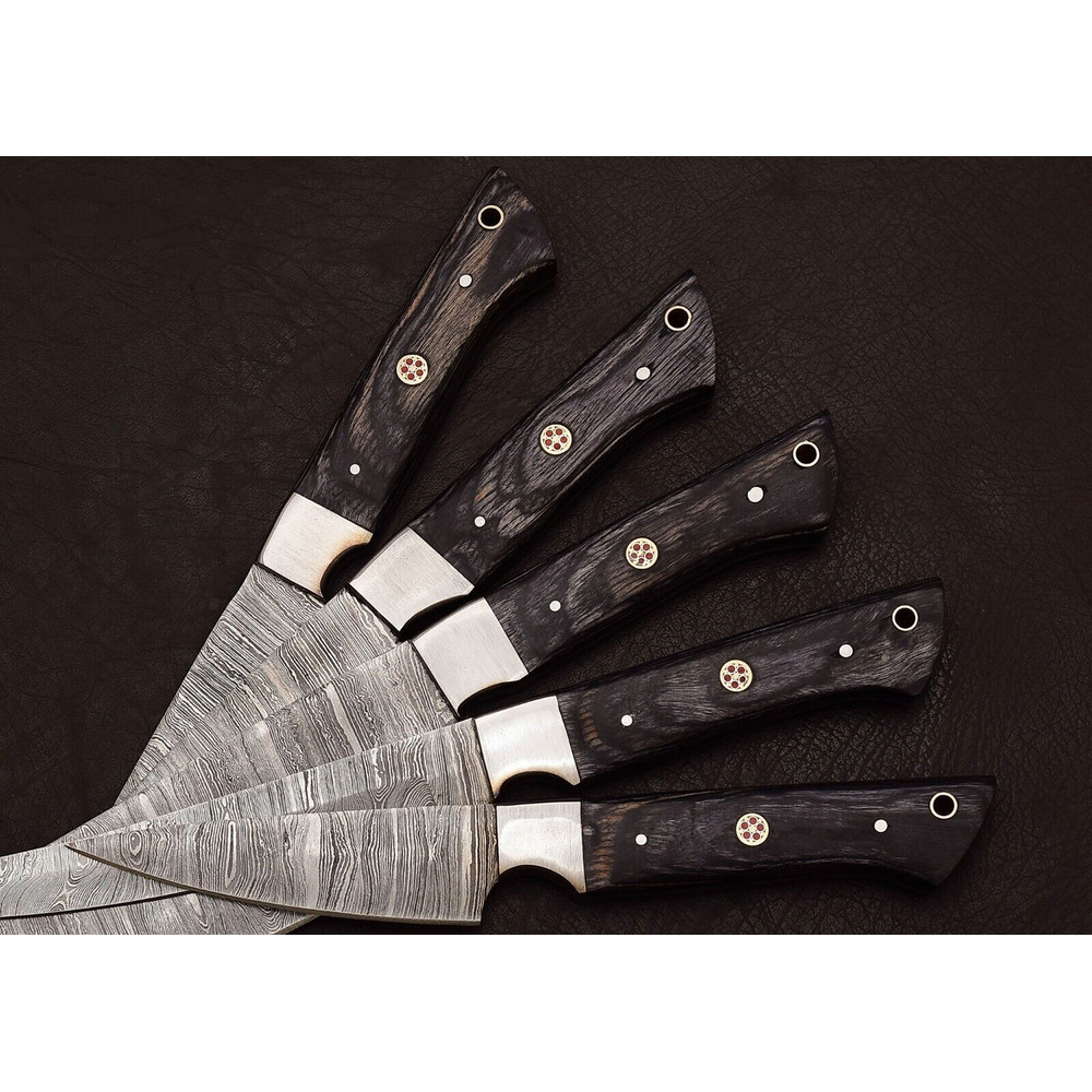 Handmade Damascus Steel Outdoor Kitchen Chef Knife Set Of 5 Hard Wood Handle Full Tang With Leath 1