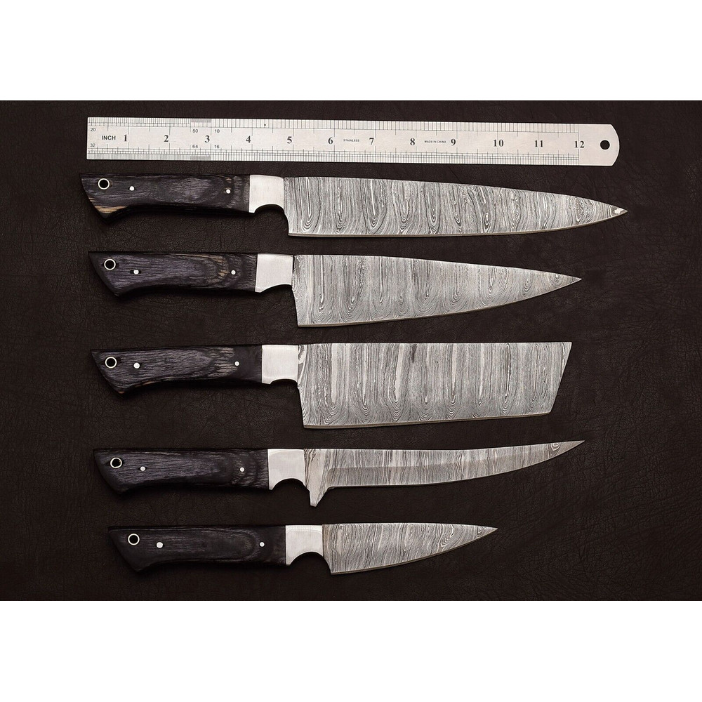 Handmade Damascus Steel Outdoor Kitchen Chef Knife Set Of 5 Hard Wood Handle Full Tang With Leath 0