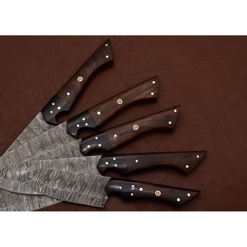 Handmade Damascus Steel Chef Knife Set Of 5 Rose Wood Handle Outdoor Kitchen Hunting Knives With 1