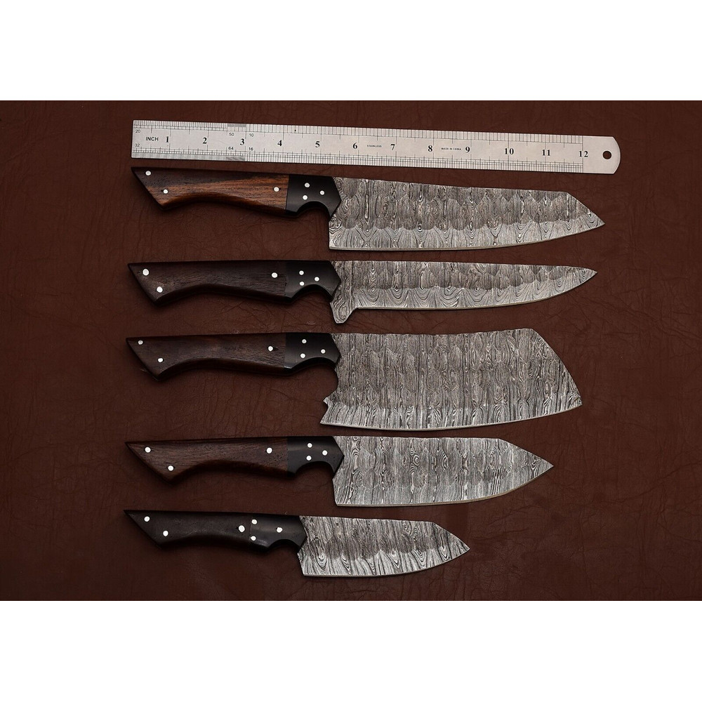 Handmade Damascus Steel Chef Knife Set Of 5 Rose Wood Handle Outdoor Kitchen Hunting Knives With 0