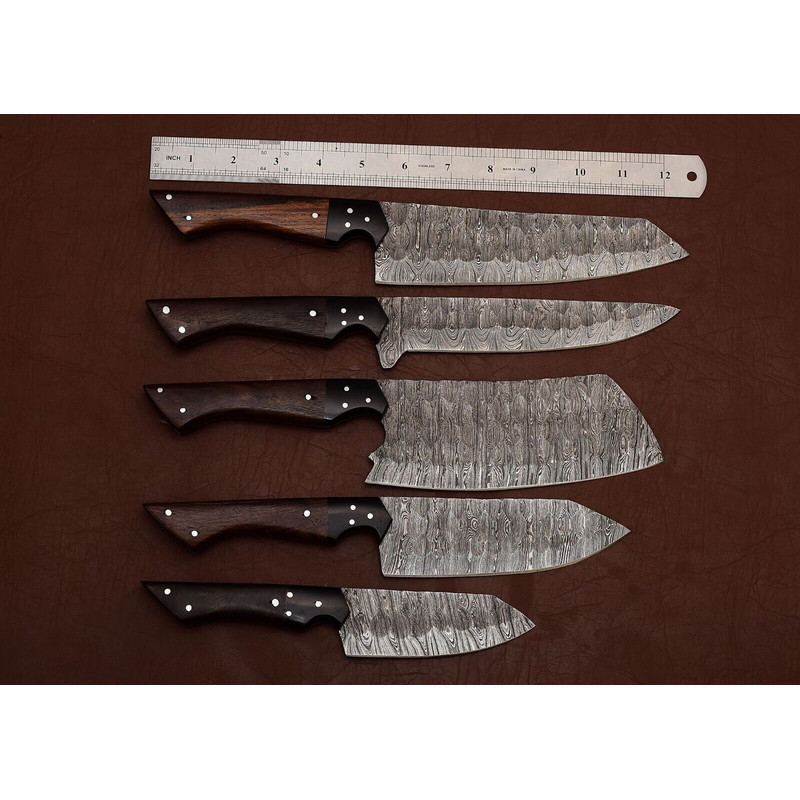 Handmade Damascus Steel Chef Knife Set Of 5 Rose Wood Handle Outdoor Kitchen Hunting Knives With 0